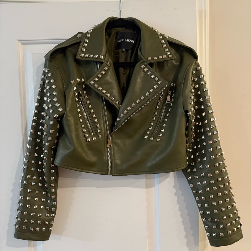 Fashion Nova Olive Studded Leather Jacket